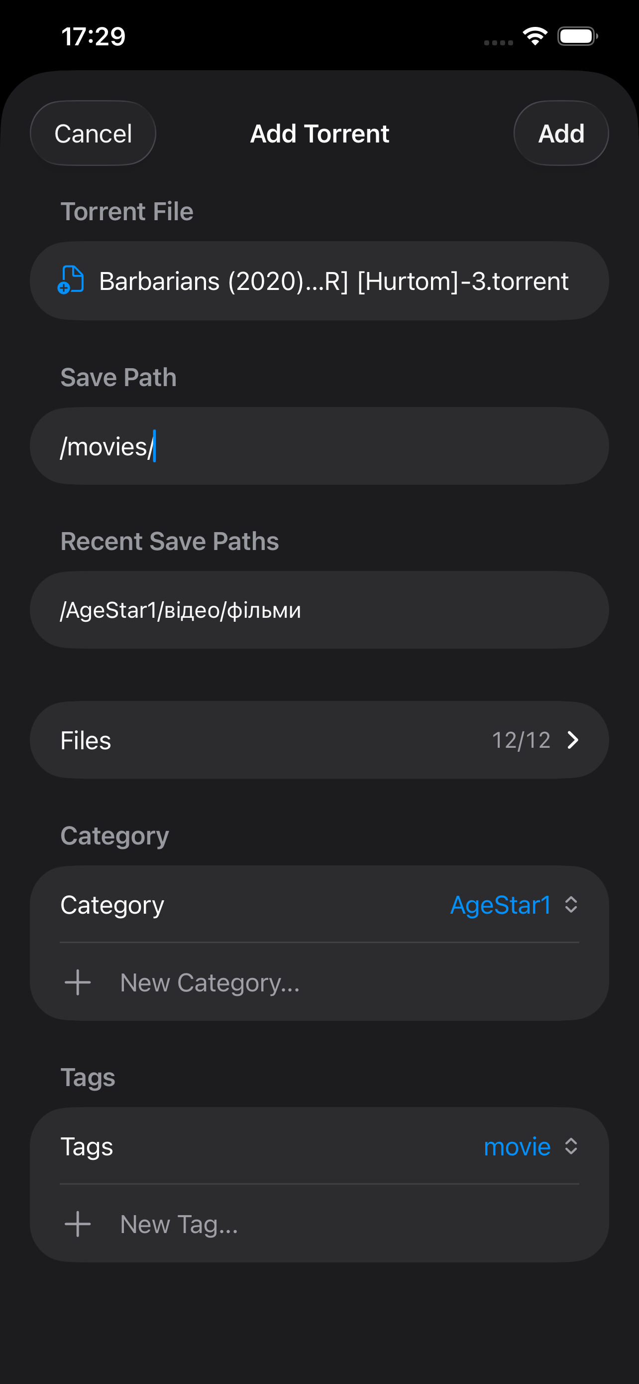 Add Torrent — dark