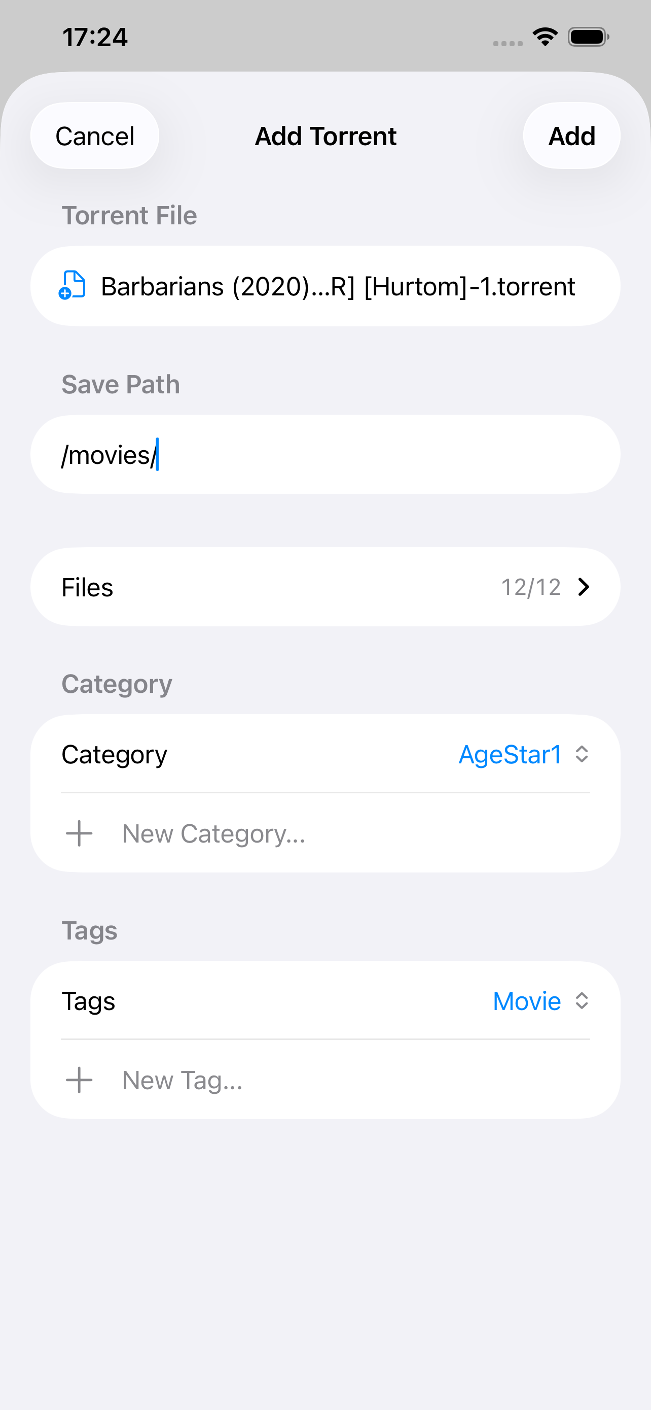 Add Torrent screen